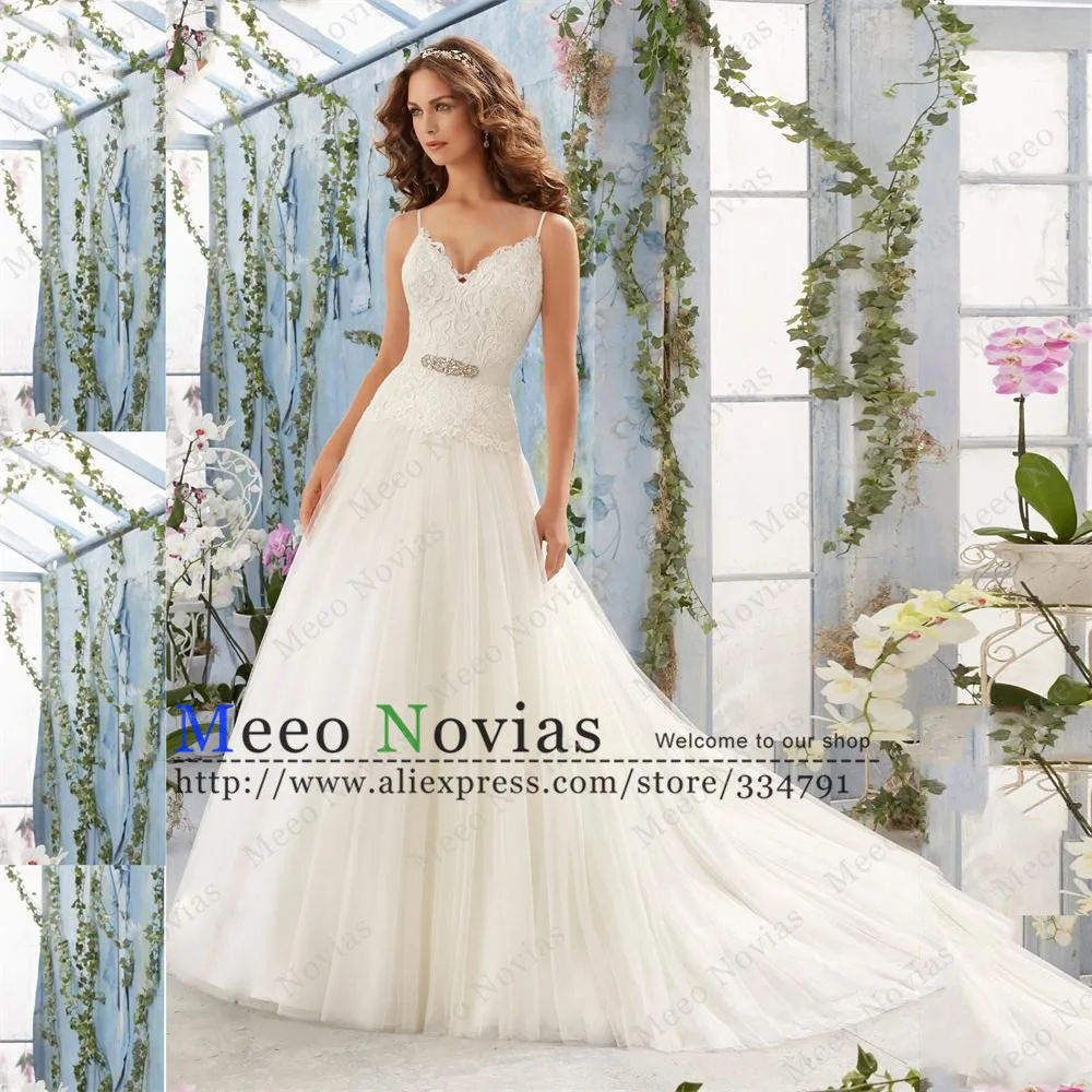 MH16787 Spaghetti Strap A Line Cheap Wedding Dresses Tulle Applique Bridal Gown White Robe De Mariage 2017 Trouwjurk | Свадьбы и