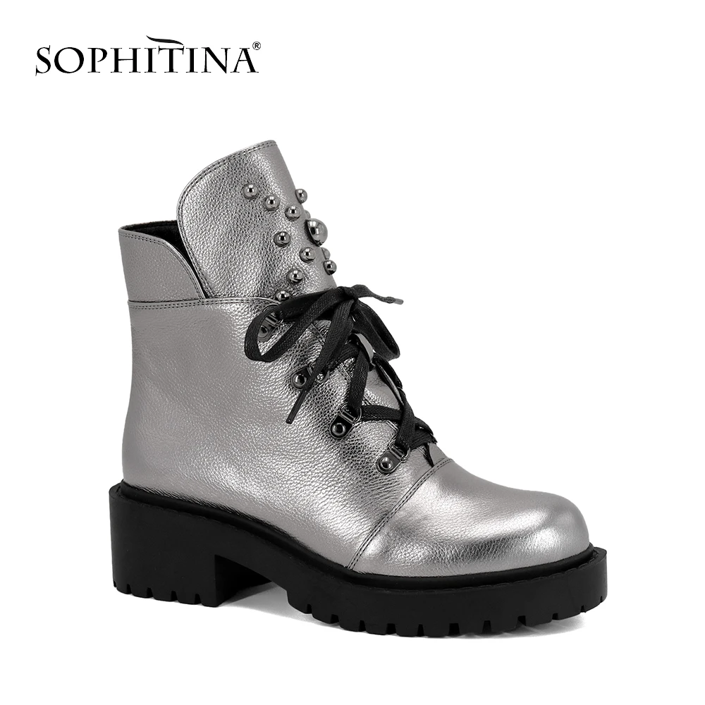SOPHITINA/ г., весенние ботильоны из натуральной кожи женская обувь на квадратном каблуке, на шнуровке женские мотоциклетные ботинки на молнии с круглым носком, M42
