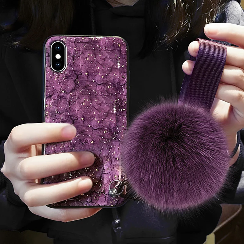Purple Fox Fur Pendant Phone Case For iPhone XS Max XR 6 6S 7 8 Plus X Hot Cracked Marble Soft IMD Back Cover |