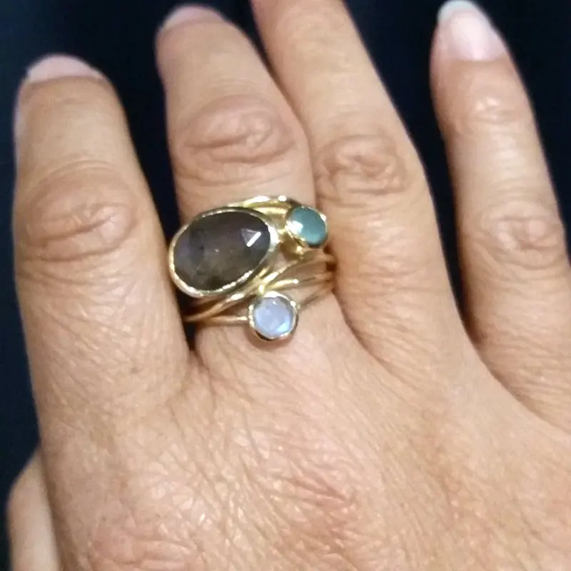Women Unique 24K Gold Labradorite 3 Moonstones Aqua Blue Shell Ring Wedding Jewelry Gifts Size 6 7 8 9 10