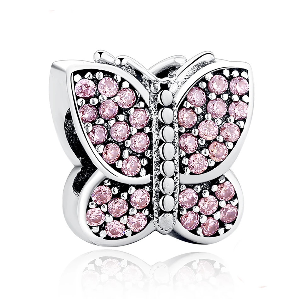 Шарм 925 серебро Талисманы Игристые Бабочка CZ животных Бусины Fit Pandora браслет Цепочки и ожерелья DIY ювелирных изделий