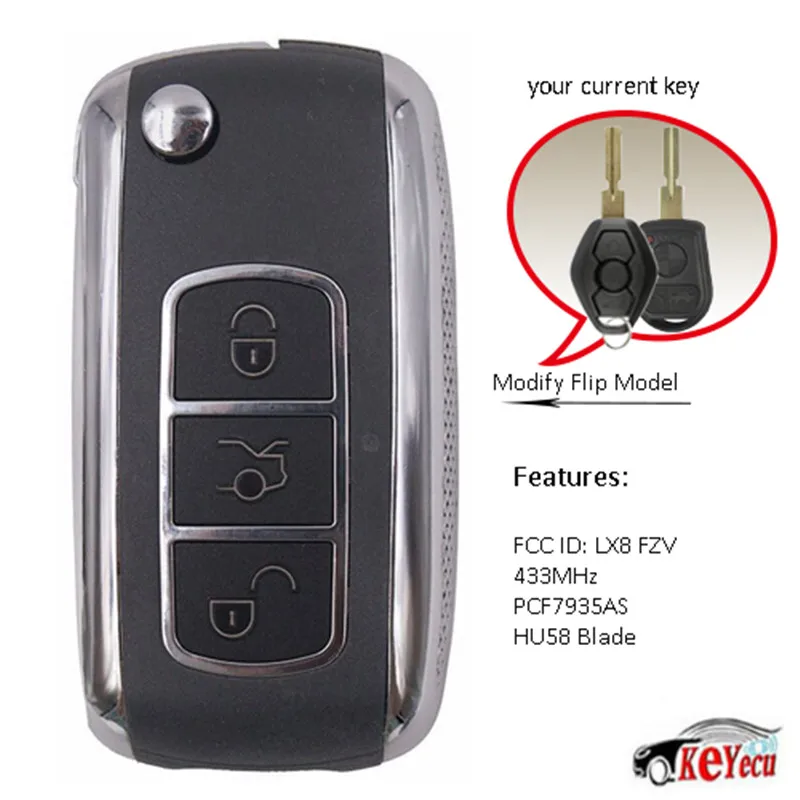 

KEYECU Replacement Upgraded Remote Car Key Fob 315/433MHz ID44 for BMW - EWS - 1995-2005 FCC ID: LX8 FZV HU58 Free Programming