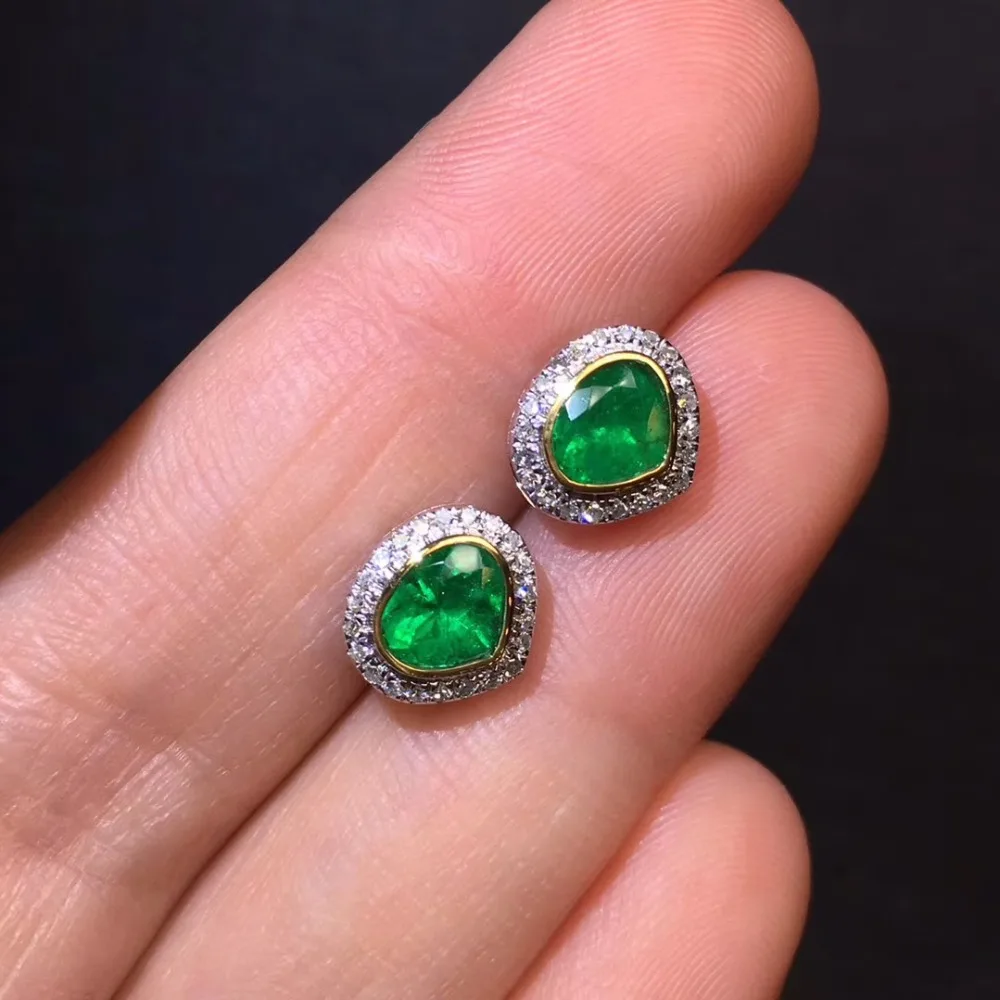 Изысканные ювелирные изделия чистый 18 K Белый Золотой AU750 натуральный яркий зеленый изумруд драгоценные камни 1.03ct шпилька с алмазами серьги для женщин