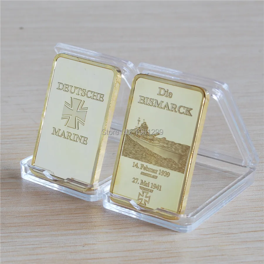 

Free shipping 1pcs/lot German Die Bismarck battleship gold plated bullion Bar DEUTSCHE MARINE.