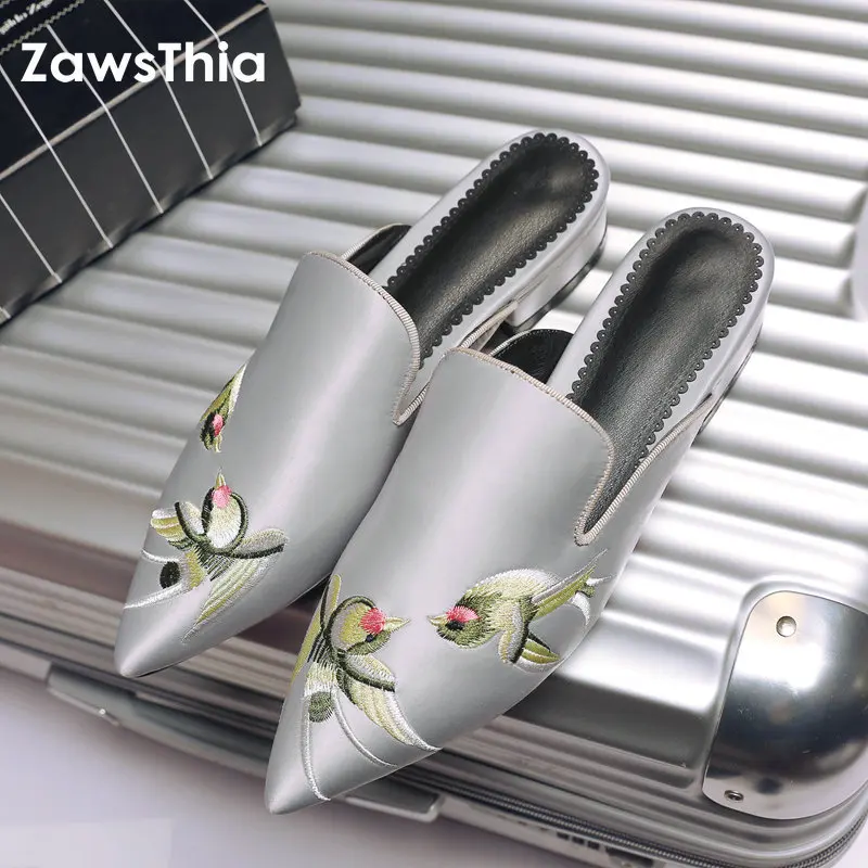 ZawsThia/ г.; шлепанцы без задника из искусственного шелка и сатина с вышивкой в виде птиц; домашние тапочки; женские вышитые шлепанцы на плоской подошве для женщин размера плюс 44