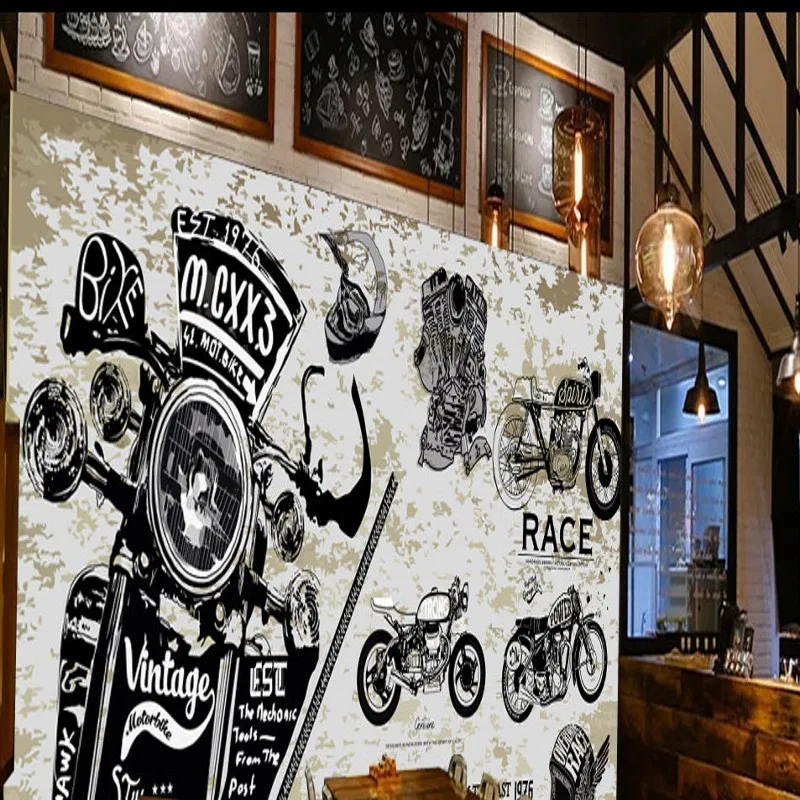 Обои 3d ретро ностальгия мотоцикл обои фон для декорирования Ресторан Бар Студия