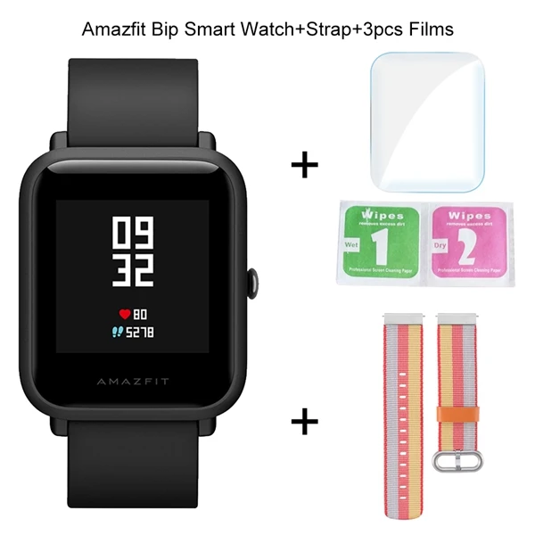Add 1 Strap 3 Films Оригинальные Смарт-часы Xiaomi Amazfit Bip, фитнес-трекер, gps, умные часы, IP68, водонепроницаемые, 45 дней, срок службы батареи, пульсометр - Цвет: Add 1 Strap 3 Films