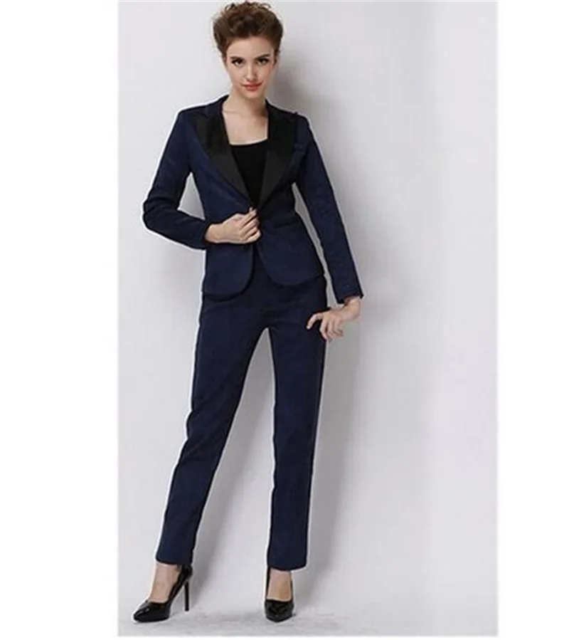 Темно бизнес брючные костюмы для женщин плюс размеры дамы Однобортный блейзер с