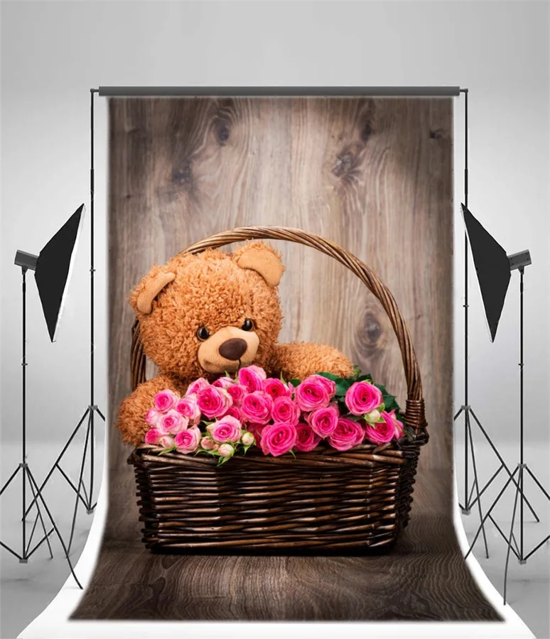 Laeacco Toy Bear Rose Flowers Basket Wooden Floor Photography Backgrounds Vinyl Custom Photographic Backdrops For Photo Studio |