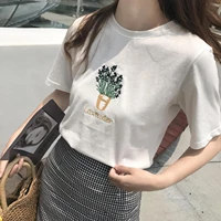 summer cute flower embroidered tops white loose cotton casual short sleeve female t shirts