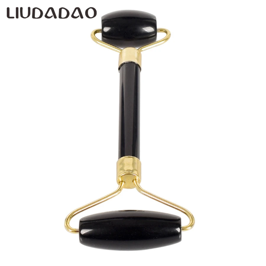 Массажер для лица из черного обсидиана с нефритовыми роликами и камнем Guasha Jade