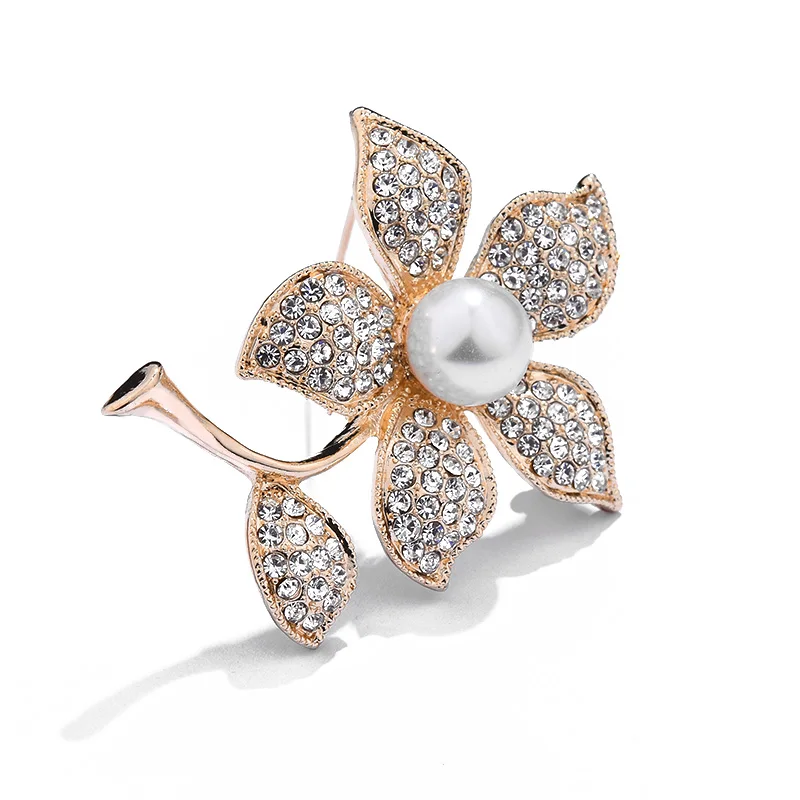 New Elegant White Crystal Rhinestone Flower Brooch Pin Fashion Wedding Bride Bridesmaid Simulated-pearl Brooches Pins Jewelry | Украшения и