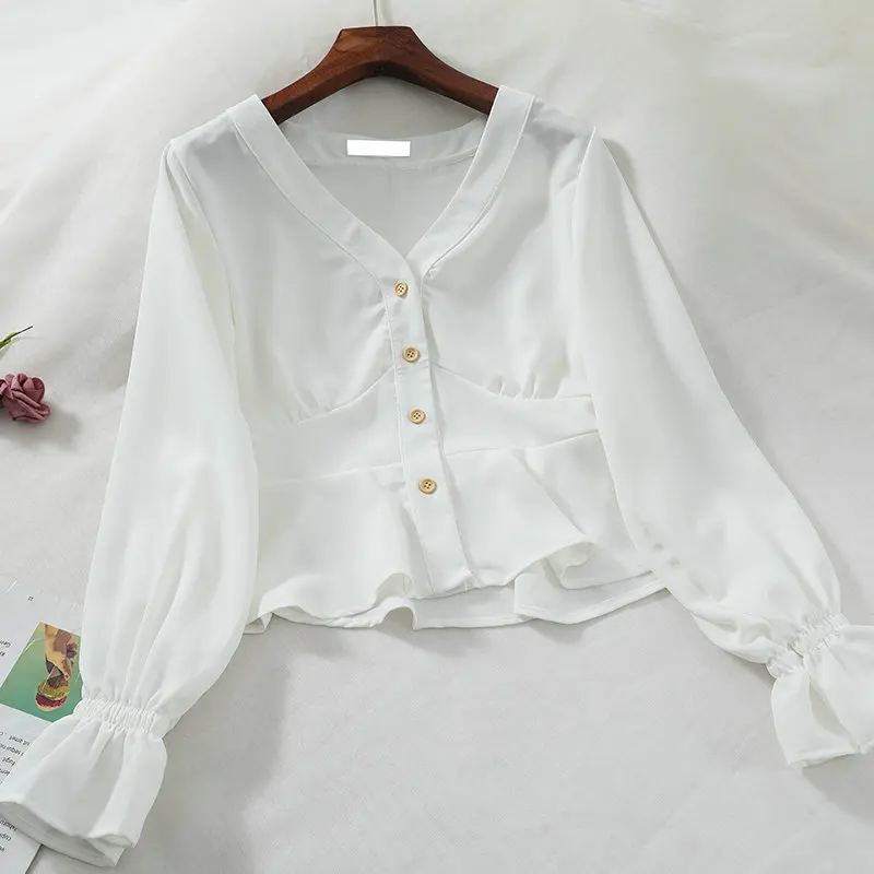 Women Shirt Элегантная женская рубашка с расклешенными рукавами и v-образным вырезом, леопардовая Базовая рубашка с оборками, повседневный короткий тонкий кардиган с высокой талией, шифоновая блуза на пуговицах, топы - Цвет: Women Shirt