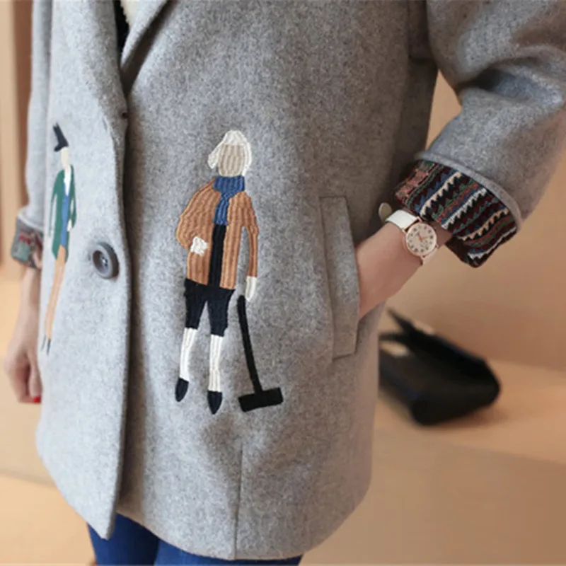 Женское шерстяное пальто Rugod повседневное с хлопковой подкладкой вышивкой в