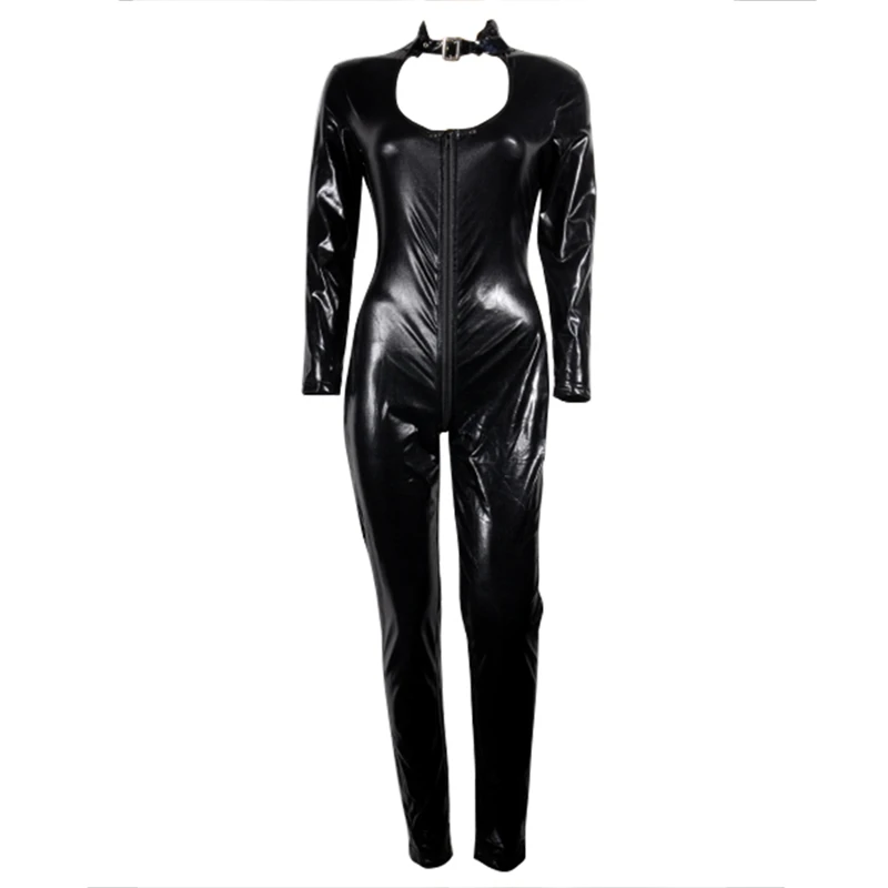 Black Vinyl Latex Body Suit Fetish Wear for Women Bodysuit Zipper Front to Crotch Pole Dance Motorcycle Stripper S-XXL | Тематическая