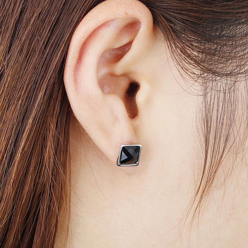 100% Стерлинговое Серебро 925 пробы модные квадратные черные кристаллы мужские
