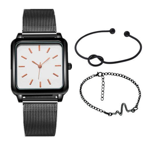 B With Bracelet Дропшиппинг без логотипа 3 шт./компл. Для женщин часы квадратной кварцевые часы дамы Топ Роскошные Брендовые женские наручные часы Для женщин reloj mujer - Цвет: B With Bracelet