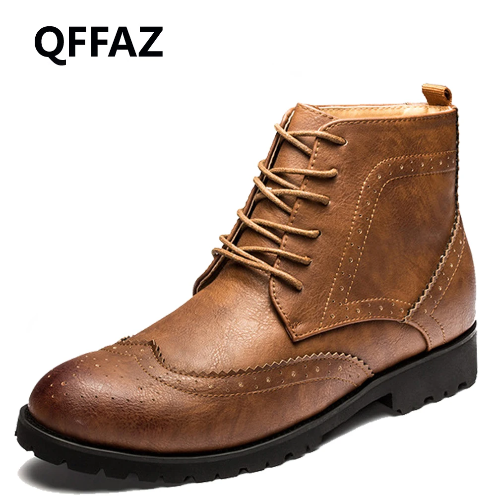 QFFAZ Retro Men Boots Pointed Toe Oxford Brogue Dress Shoes men's leather shoes lace up sapato masculino em couro | Обувь