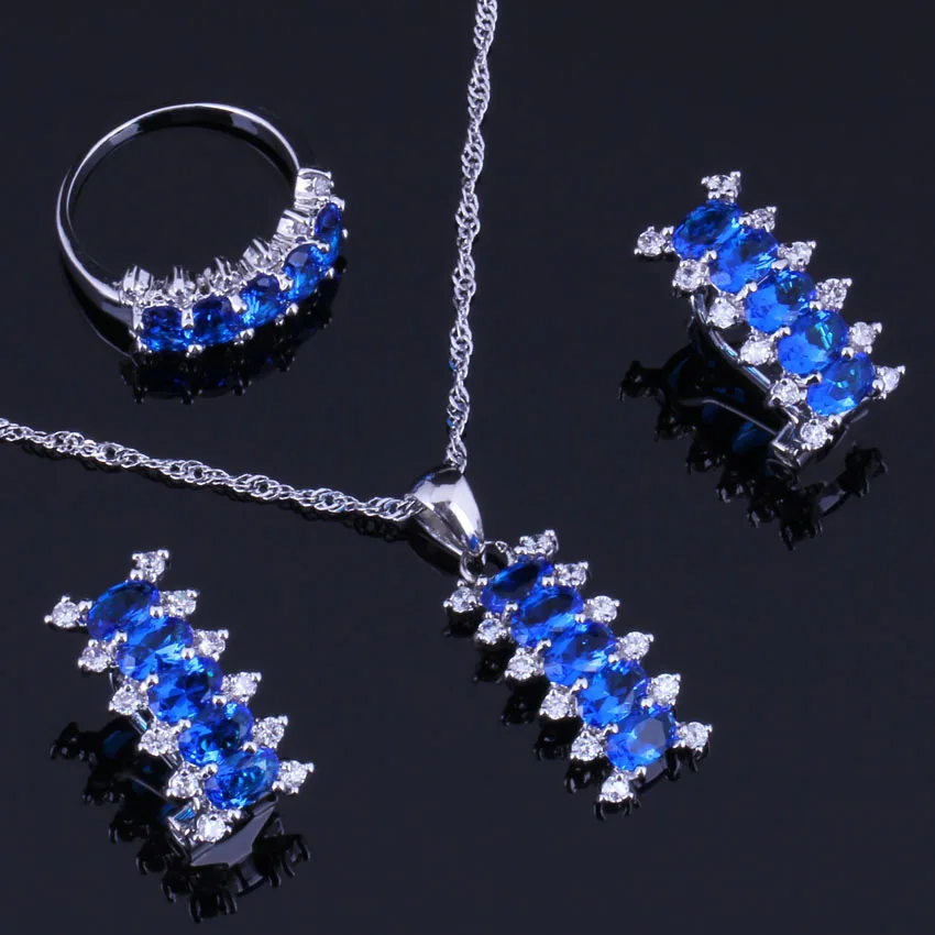 

Angelic Blue Cubic Zirconia White CZ Silver Plated Jewelry Sets Earrings Pendant Chain Ring V0302