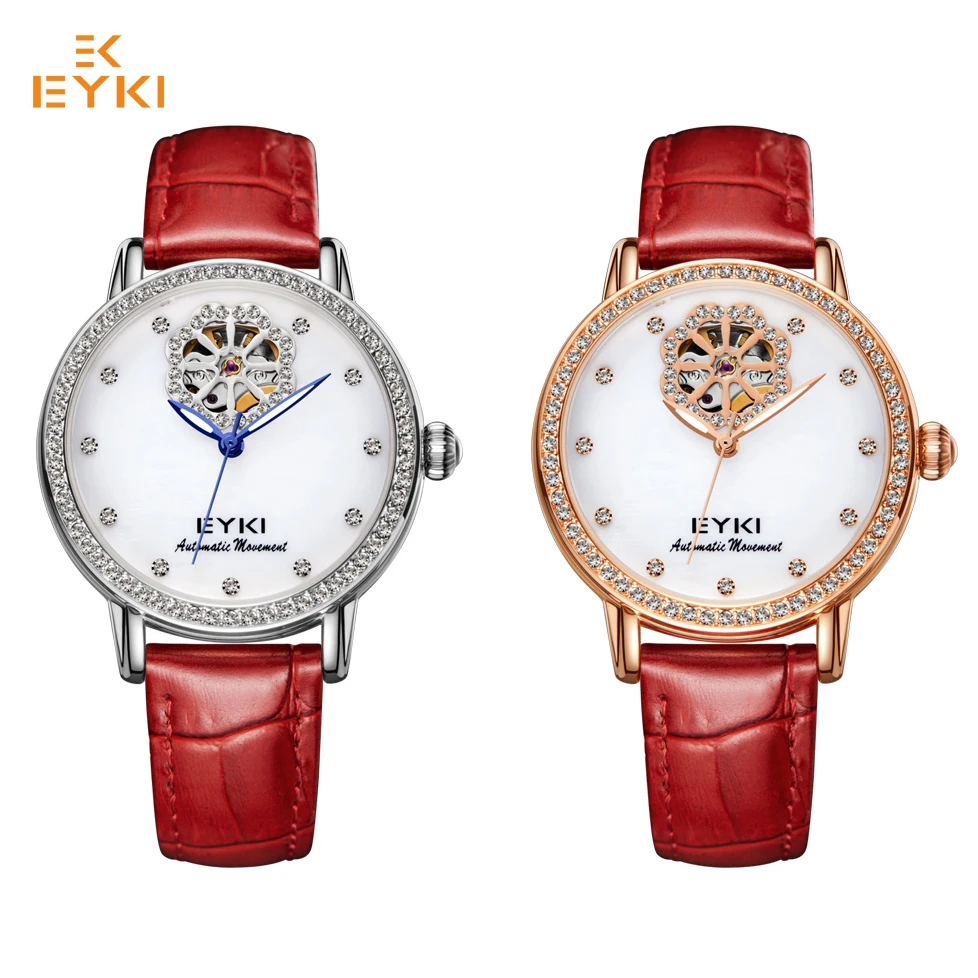 EYKI Брендовые женские механические часы с полым маховиком классические красные