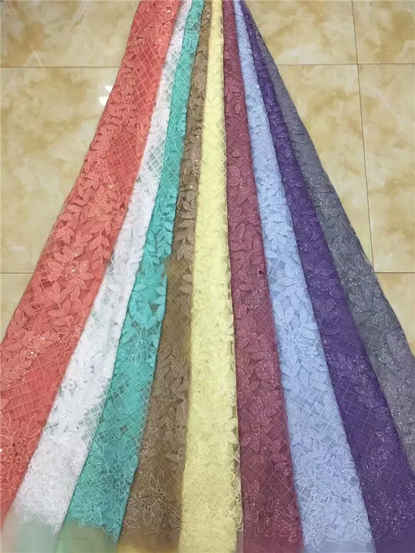 

Nigerian Lace Fabric Dubai Embroidered French Tulle Lace Latest African Lace Fabric 2019 With sequins Purple white sky blue gold