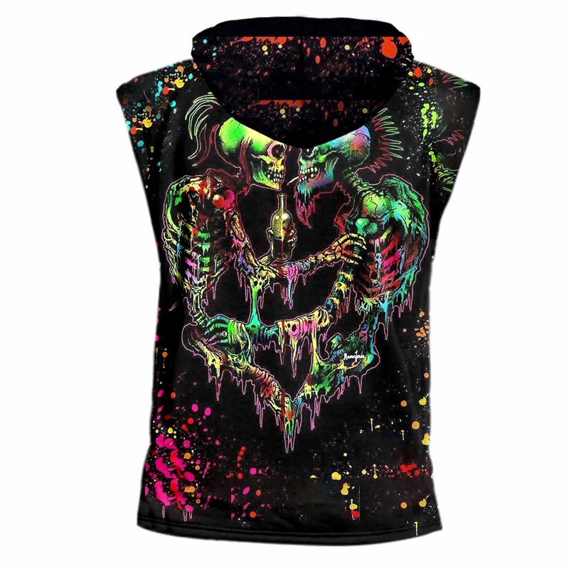 UJWI Summer Cool Tanks Black New Men's Funny Print Lovers Skull 3d Hooded Tanktop Homme Workout Fintess Sleeveless Undershirts | Мужская