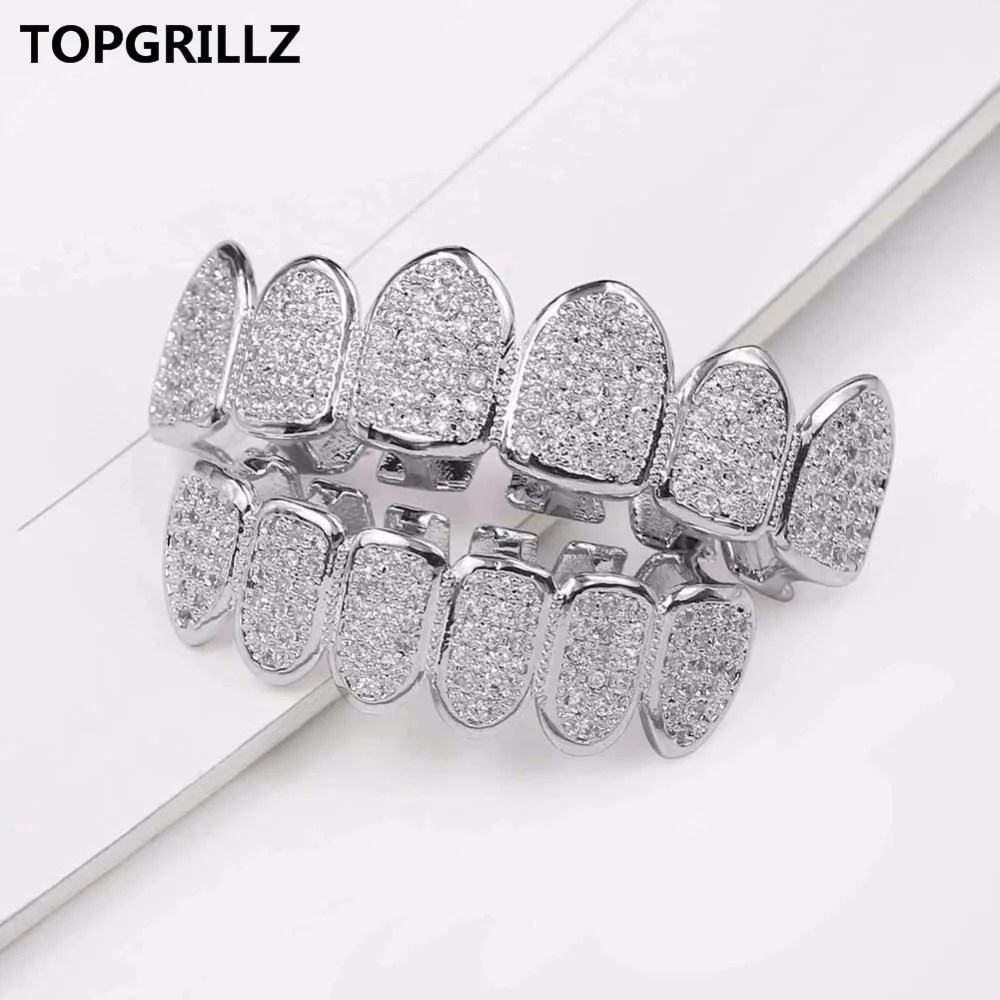 TOPGRILLZ серебро и золото цвет покрытием Высокое качество микро Pave CZ камень сверху и снизу GRILLZ рот хип хоп ЗУБЫ грили набор