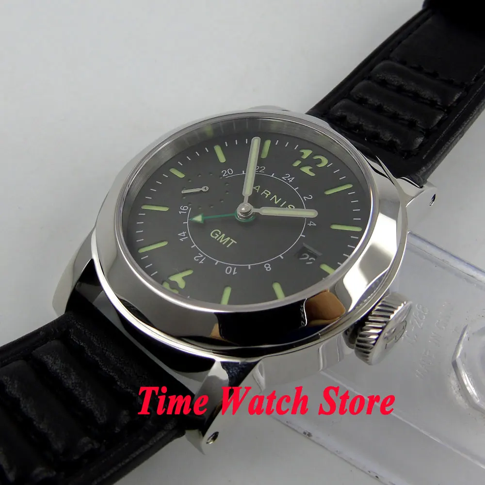 44 мм Parnis GMT мужские часы 707 черный светящийся циферблат сапфировое стекло Дата Окно ST2557 автоматическое движение