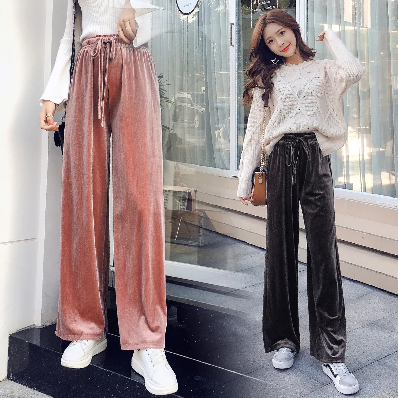 

Wide leg pants female 2019 spring and autumn new casual loose gold velvet high waist straight student trousers
