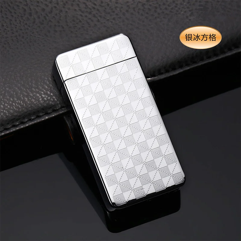 Silver Checker Двойная дуговая электронная USB Зажигалка, ветрозащитная беспламенная портативная плазменная дуговая зажигалка, перезаряжаемая зажигалка, гаджеты для мужчин - Цвет: Silver Checker