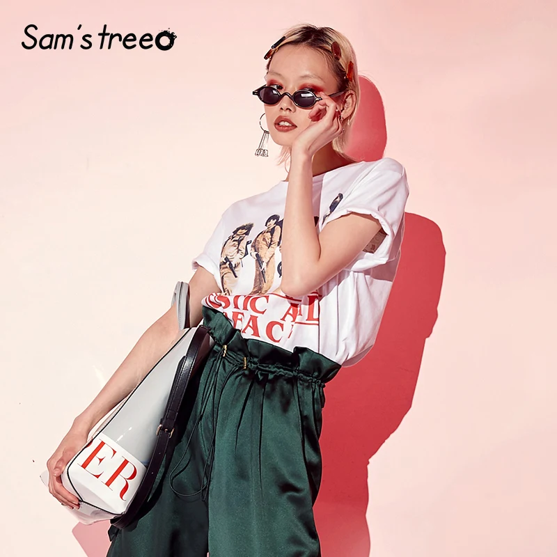 Samstree белая печатная винтажная женская футболка летняя повседневная с коротким рукавом модная с О-образным вырезом Корейская негабаритная Женская футболка Топы