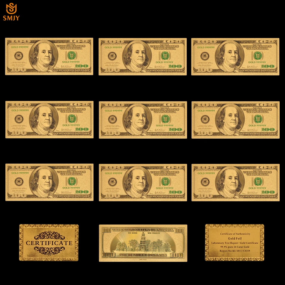 10PCS/Lot US Set Currency Paper 100 Dollar Bills In Gold 999 Gold Plated Banknotes Fake Money Collections
