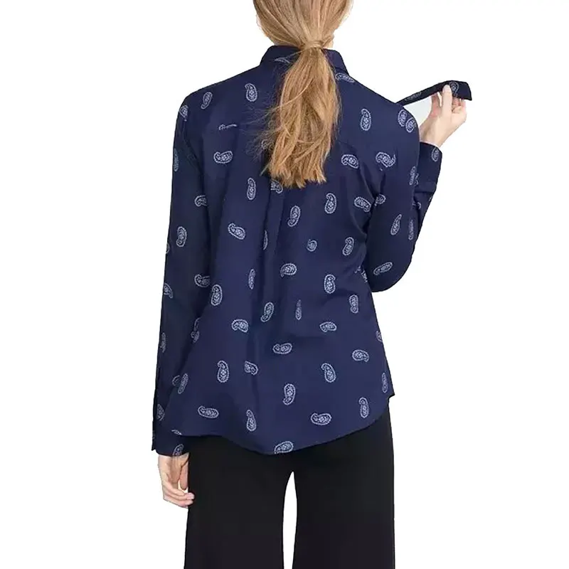Women paisley print long sleeve blouses navy office vintage shirts turn-down collar bow tie blusa feminina casual tops .27 |