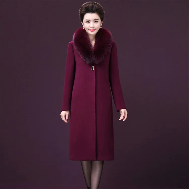 purple red Высокое Качество Осень Зима длинное шерстяное пальто для женщин меховой воротник шерстяные куртки Плюс Размер 6XL среднего возраста Женские кашемировые пальто G277 - Цвет: purple red