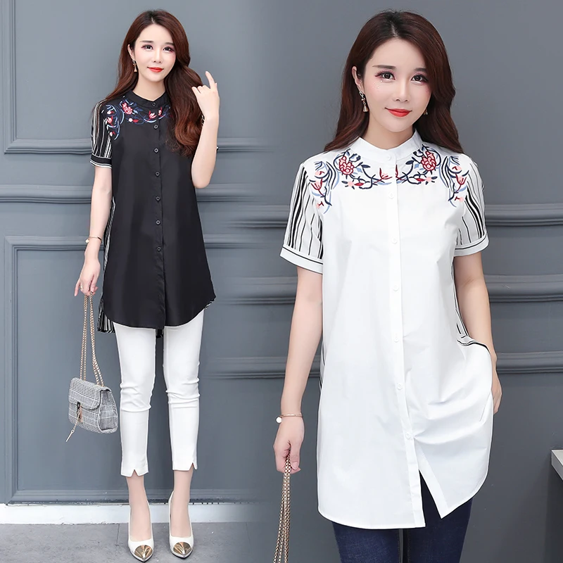 2019 Summer 100% Cotton Women Embroidery White Shirts Fashion Short-sleeve Plus Size Large Loose Blouse Striped Lady Clothing