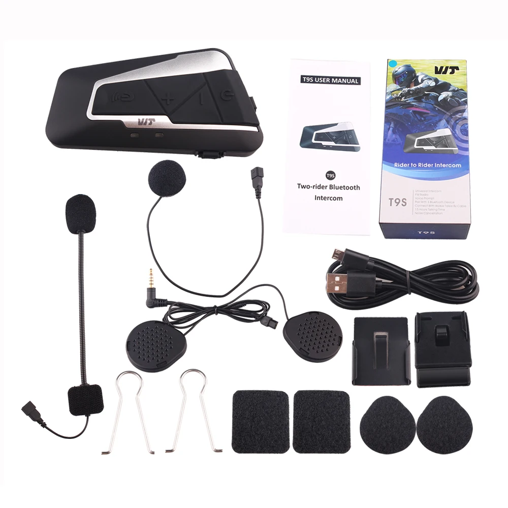 

one pair T9S motorcycle helmet bluetooth intercom IPX7 waterproof 1000M motorbike BT interphone wireless headset with FM Radio