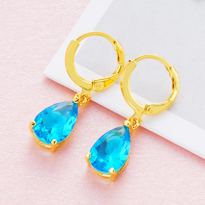 Sea Blue Zircon Earrings Yellow Gold Filled Classic Teardrop Shaped Women's Dangle Accessories Gift | Украшения и аксессуары