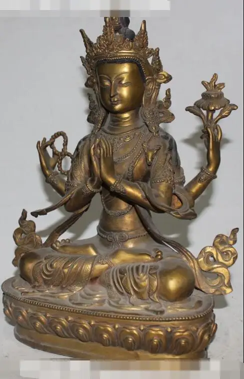 

Free shipping S00208 Tibet buddhism fane Bronze 24K Gold 4 Arms Chenrezig bodhisattva buddha statue