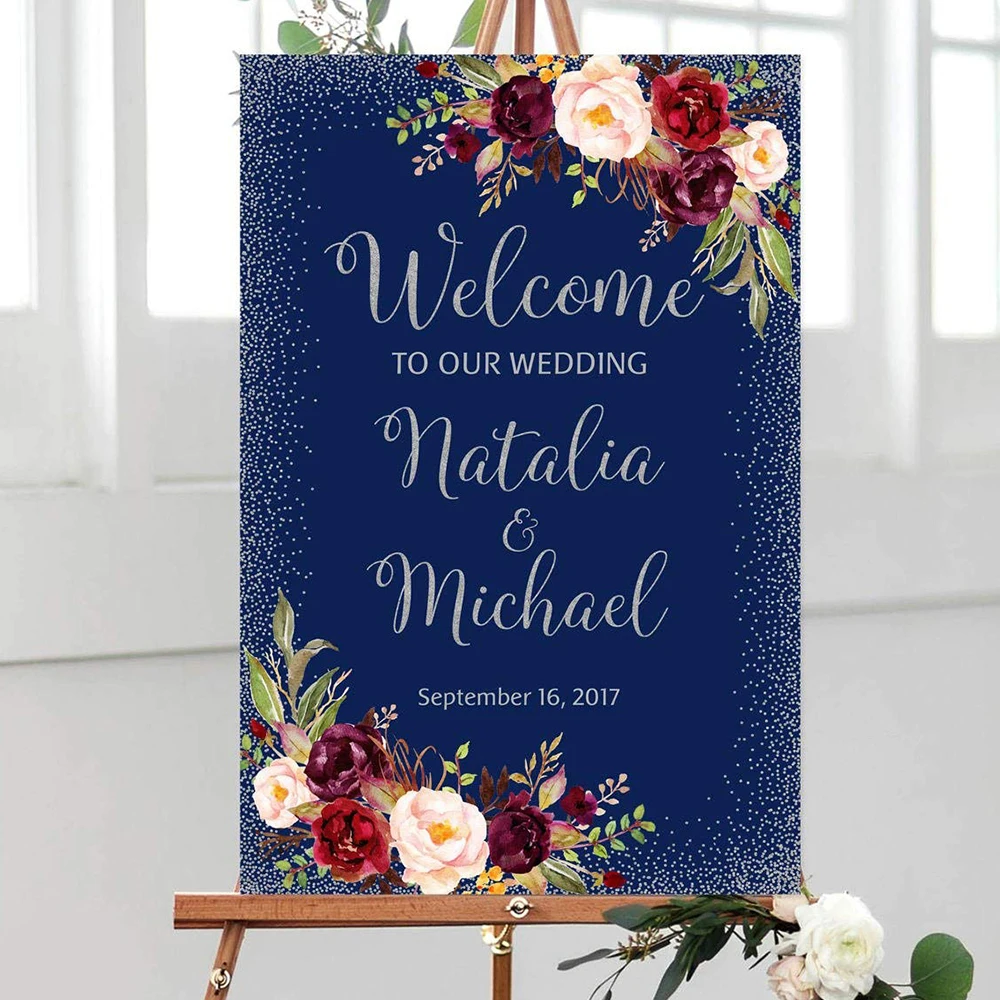 

Personalized Welcome To Our Wedding Welcome Sign Navy Welcome Wedding Sign Large Welcome Sign Burgundy Wood Plaque