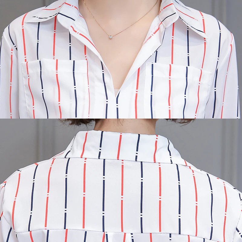 4xl длинная туника Модная рубашка Для женщин блузка 2019 Осень Белый полосатый