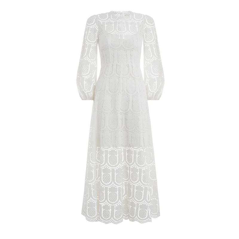 

New 2019 Designer Women's Lace Dress Maxi Long Sexy Hollow Out Female Aline Vacation Dresses High End Lantern Sleeves Clothing