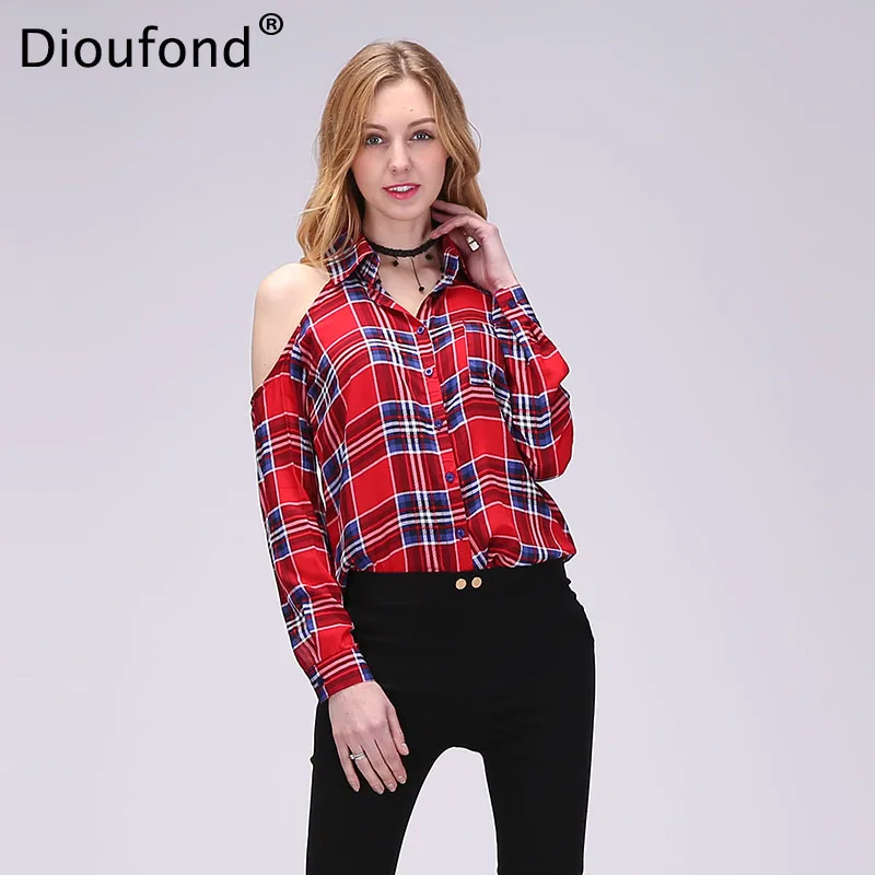 Женская красная клетчатая блузка Dioufond с открытыми плечами длинным рукавом и v
