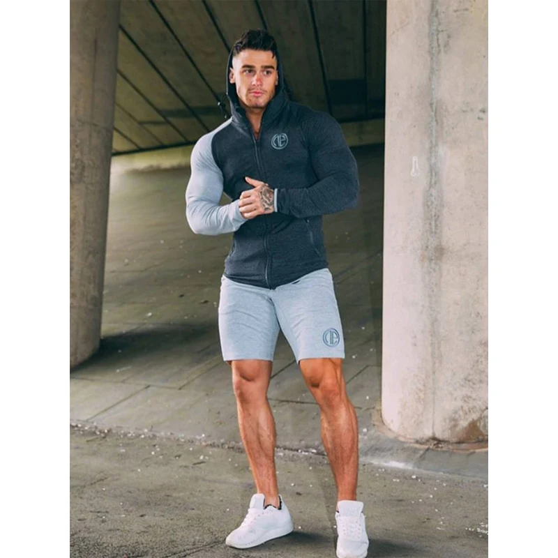 Летние Для мужчин комплекты на молнии с длинными рукавами Топы + шорты из двух