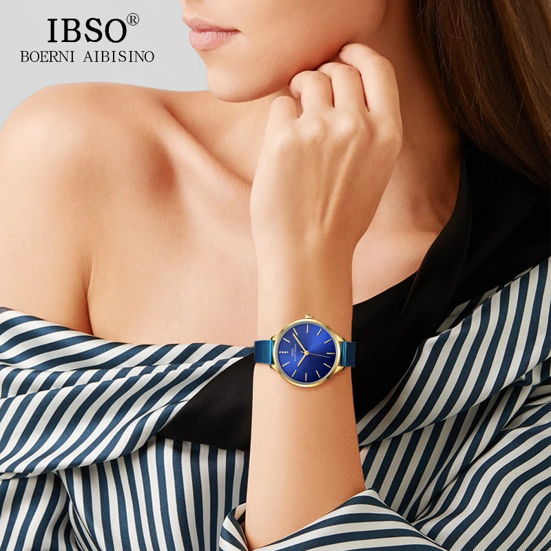 IBSO новый бренд ультра тонкие кварцевые часы женские синие и черные из