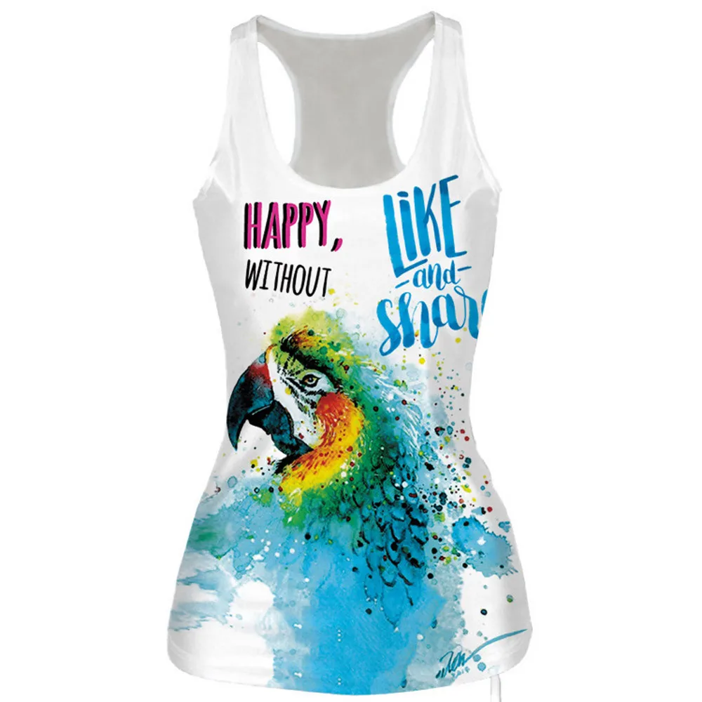 CHAMSGEND Women's Parrot Painted O-Neck Sleeveless Yoga Running Vest Fitness Top Sweatshirt Slim Fit Breathable Sports T-Shirt