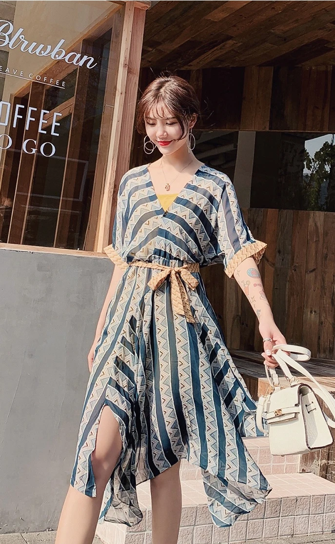 GRUIICEEN Асимметричное Платье с принтом повседневное шифоновое платье коротким