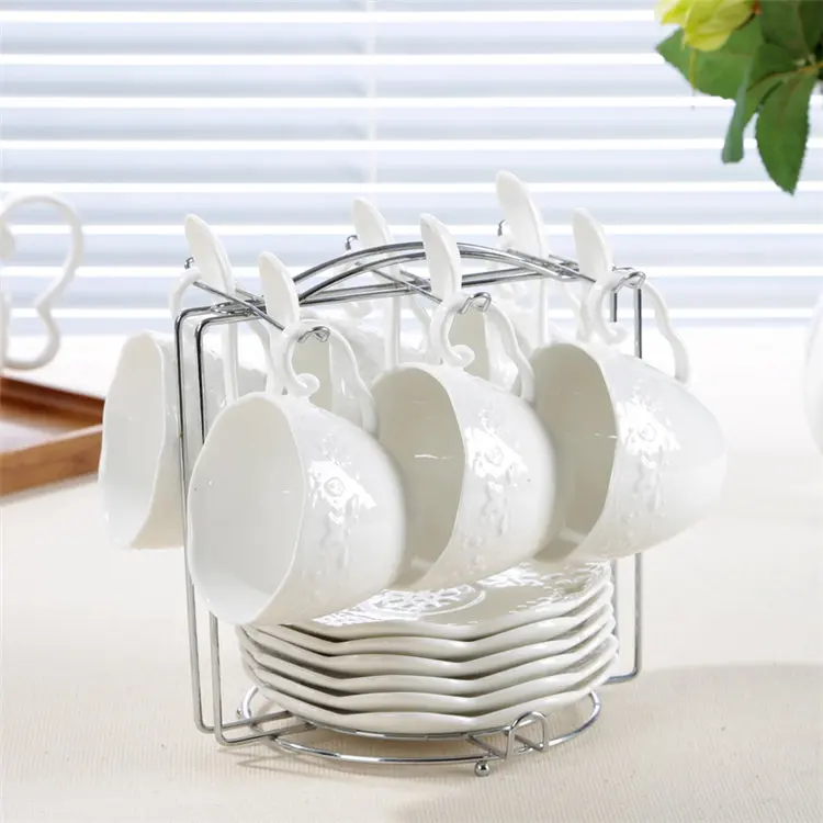 6Cups n Holder Выразительная белая фарфоровая кофейная чашка, блюдце, набор ложек, британская Современная керамическая чайная чашка, кафе, домашние вечерние чайные чашки, Прямая поставка - Цвет: 6Cups n Holder