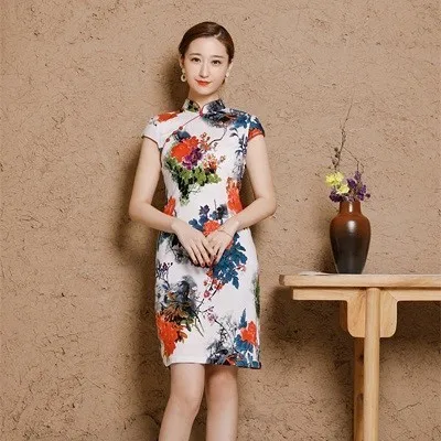 5XL Женские хлопковые платья в восточном стиле, эластичные, с принтом, Qipao, Новые короткие, Cheongsam, восстановление древнего традиционного китайского платья - Цвет: A