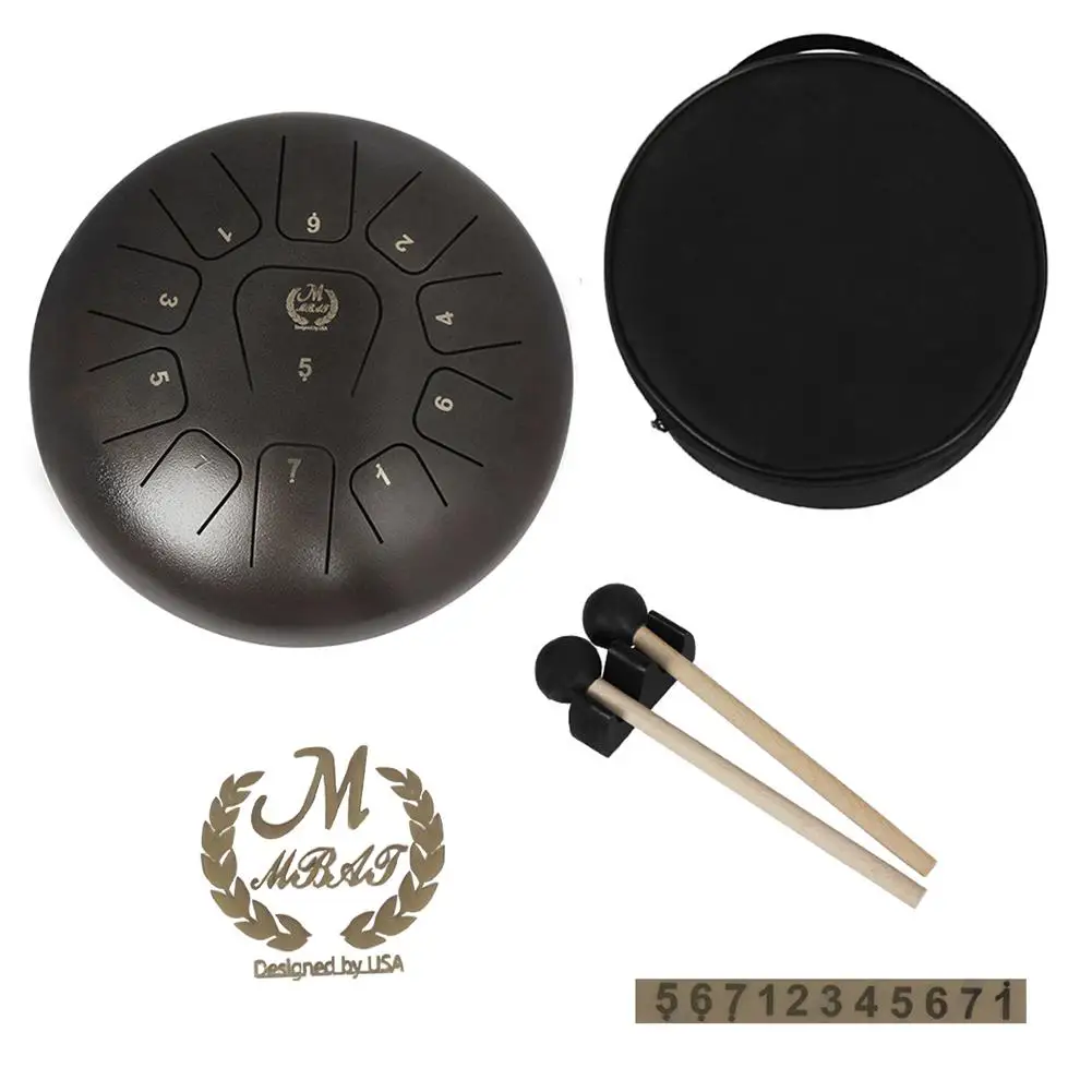 Professional 12 Inch Large Size 11 Tone Steel Tongue Drum Tank Drum Handpan Percussion Instrument with Drumsticks Carrying Bag