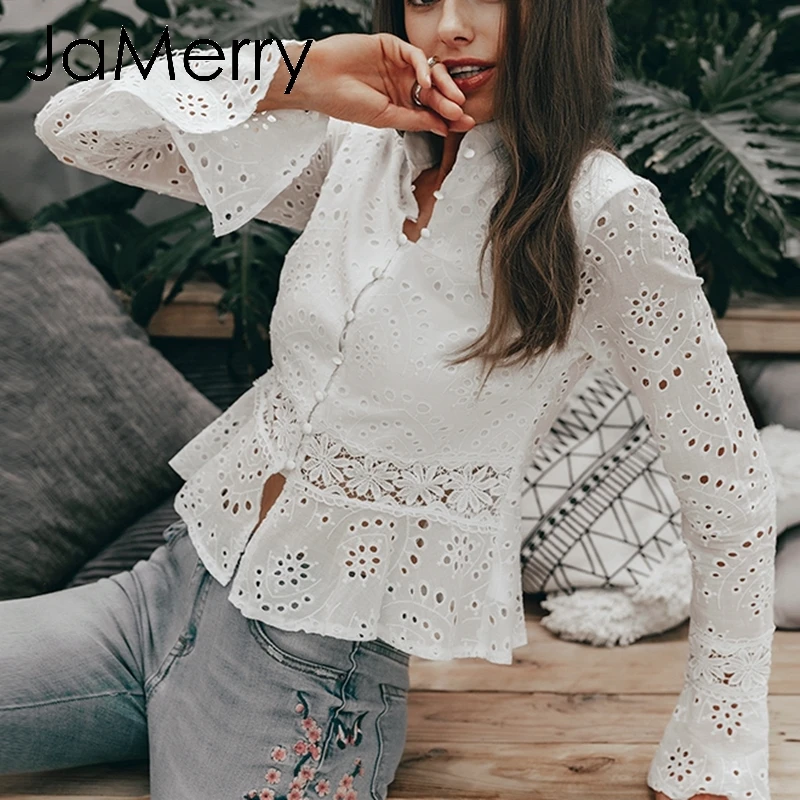 JaMerry Винтаж Белый Вышивка выдалбливают Женщины блузка рубашка Стенд воротник